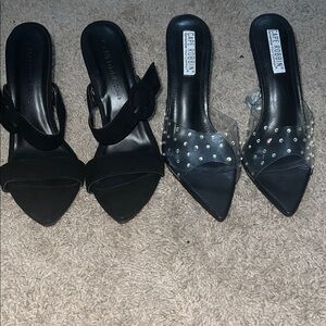 Two-Strap Black Mules and Blk/Silver Rhinestone ClearMules Heels (2 shoes)